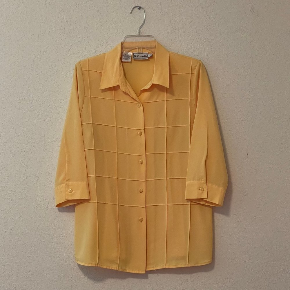 K.C. Studio Brand Button Up Shirt Top Women Size 14 Yellow 3/4 Sleeve